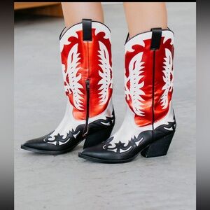 Mi.iM Western Midi Boots Size 10 Pointed Toe Red Silver Black